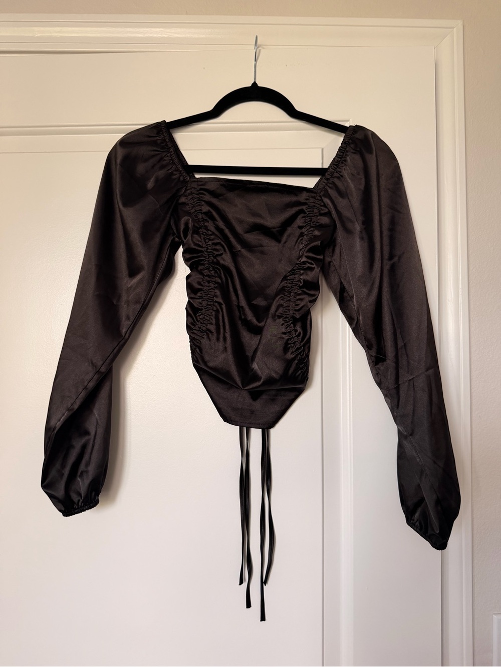 Passport Black Long Sleeve Ruched Satin Blouse with Tie